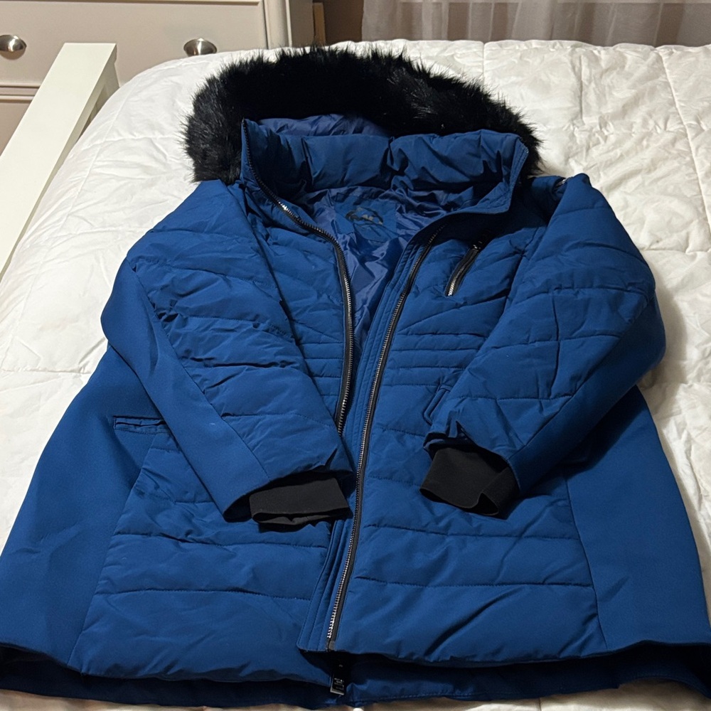 Michael Kors Royal Blue Puffer Jacket with Black Faux Fur Hood
